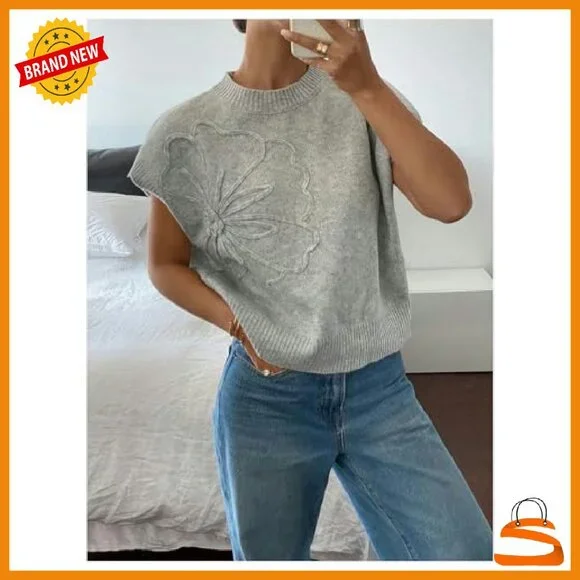 Short Sleeve 3D Floral Pullover Sweater Lightweight Knit Top - Picture 3 of 6